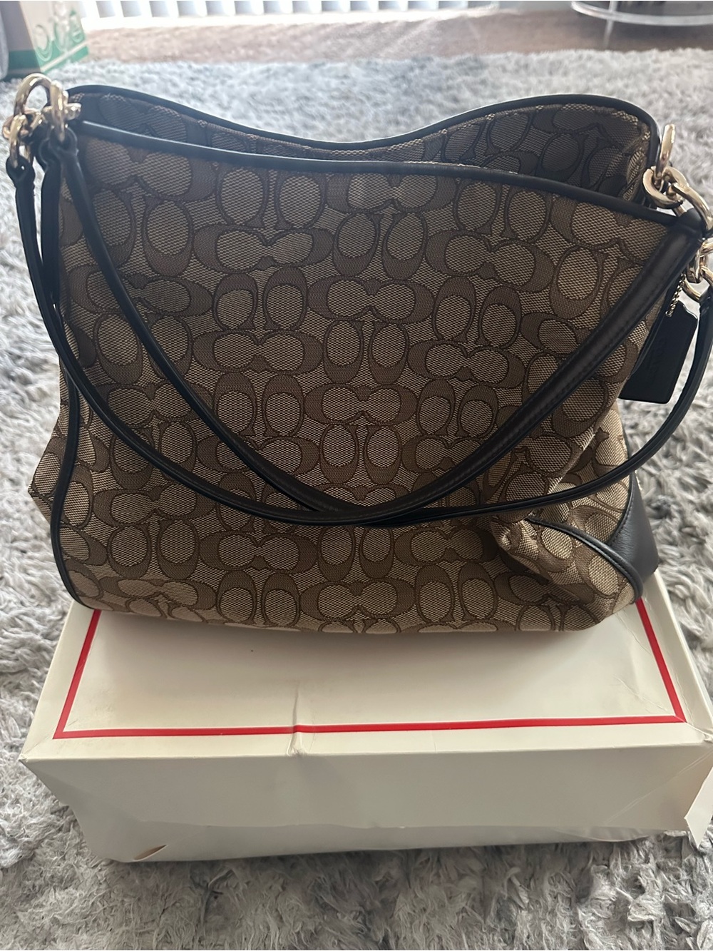 Coach Tan Signature Canvas Shoulder Bag with Black Trim